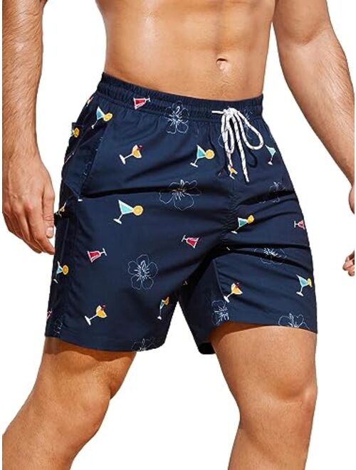 SOLY HUX Swim Trunks for Men Flora Print Drawstring Board Shorts Beach Swimwear Bathing Suits with Pockets