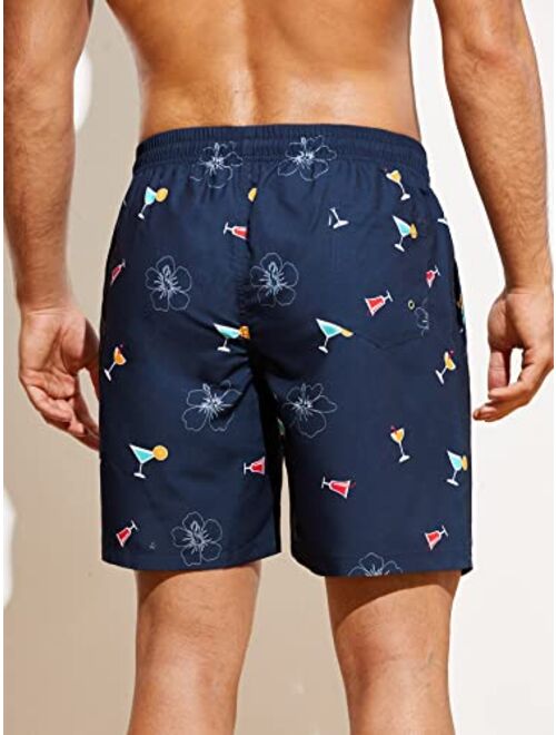 SOLY HUX Swim Trunks for Men Flora Print Drawstring Board Shorts Beach Swimwear Bathing Suits with Pockets