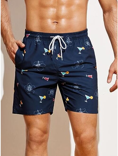 SOLY HUX Swim Trunks for Men Flora Print Drawstring Board Shorts Beach Swimwear Bathing Suits with Pockets