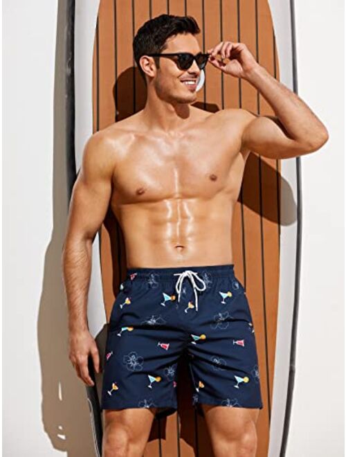 SOLY HUX Swim Trunks for Men Flora Print Drawstring Board Shorts Beach Swimwear Bathing Suits with Pockets