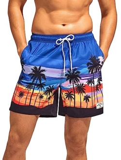 Men's Coconut Tree Print Drawstring Waist Swim Trucks Board Beach Shorts Bathing Suits with Pockets