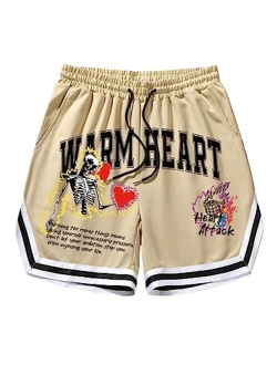 Men's Casual Letter Print Drawstring Elastic Waist Athletic Workout Shorts with Pocket