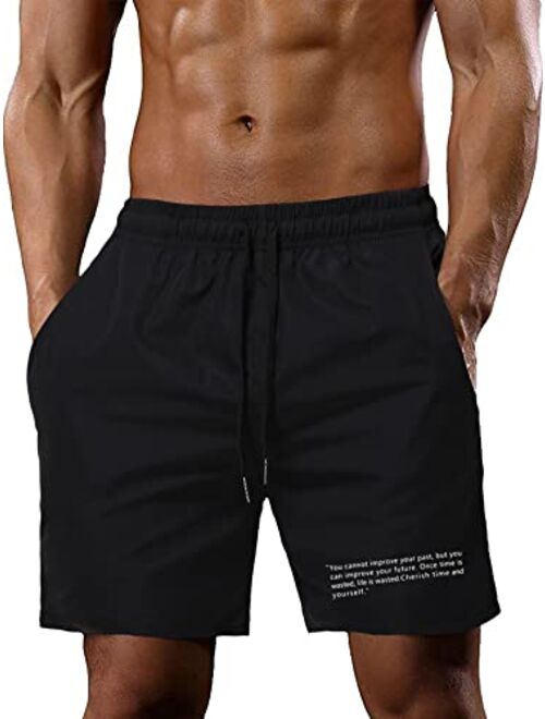 SOLY HUX Men's Casual Letter Print Drawstring Elastic Waist Athletic Workout Shorts with Pocket