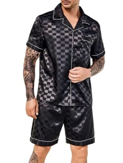 Men's Silk Satin Dragon Print Pajamas Set Short Sleeve Button Down Shirt and Shorts Sleepwear