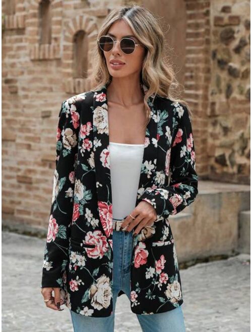 EMERY ROSE Floral Print Shawl Collar Open Front Blazer