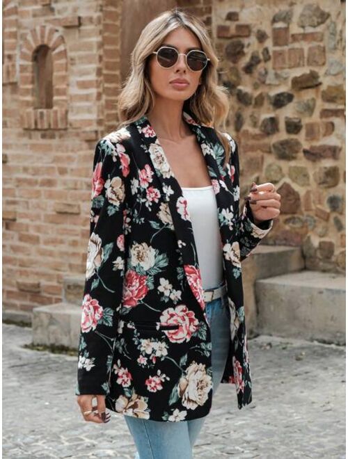 EMERY ROSE Floral Print Shawl Collar Open Front Blazer