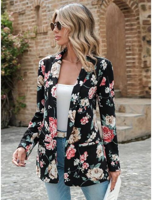 EMERY ROSE Floral Print Shawl Collar Open Front Blazer