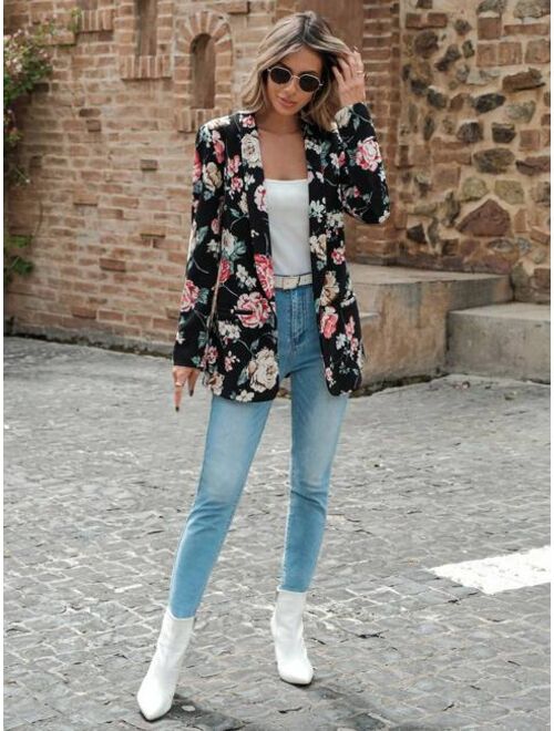 EMERY ROSE Floral Print Shawl Collar Open Front Blazer