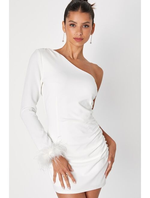 Lulus Fabulous Romance White One-Shoulder Feather Mini Dress