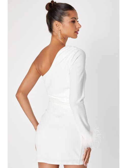 Lulus Fabulous Romance White One-Shoulder Feather Mini Dress