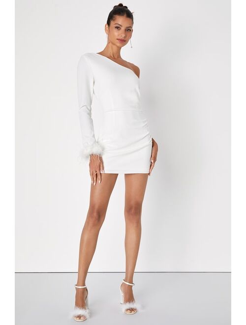 Lulus Fabulous Romance White One-Shoulder Feather Mini Dress