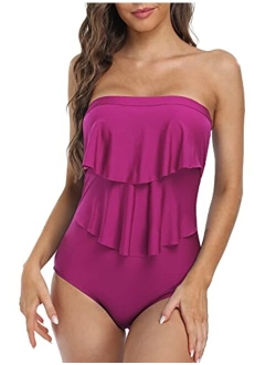 Women's Bandeau One Piece Strapless Swimsuits Layered Ruffle Swimwear Flounce Bathing Suit