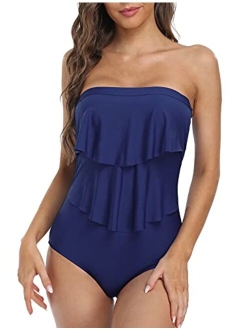 Women's Bandeau One Piece Strapless Swimsuits Layered Ruffle Swimwear Flounce Bathing Suit