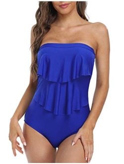 Women's Bandeau One Piece Strapless Swimsuits Layered Ruffle Swimwear Flounce Bathing Suit