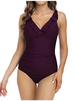 Women's Ruffle One Piece Bathing Suits V Neck Vintage Tummy Control Swimsuit Swimwear