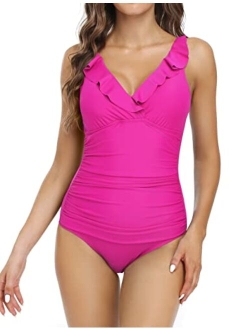 Women's Ruffle One Piece Bathing Suits V Neck Vintage Tummy Control Swimsuit Swimwear