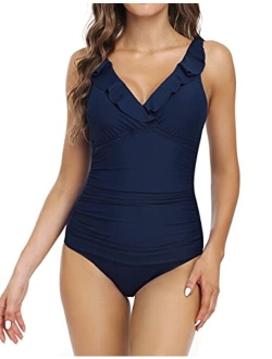 Women's Ruffle One Piece Bathing Suits V Neck Vintage Tummy Control Swimsuit Swimwear