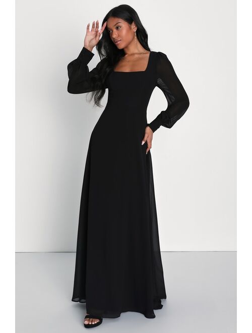 Lulus Stunning Behavior Dark Blue Square Neck Long Sleeve Maxi Dress