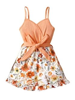 Girl's Floral Print V Neck Belted Cami Romper Ruffle Trim Wide Leg Shorts Jumpsuit