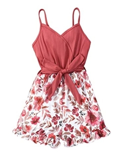 Girl's Floral Print V Neck Belted Cami Romper Ruffle Trim Wide Leg Shorts Jumpsuit