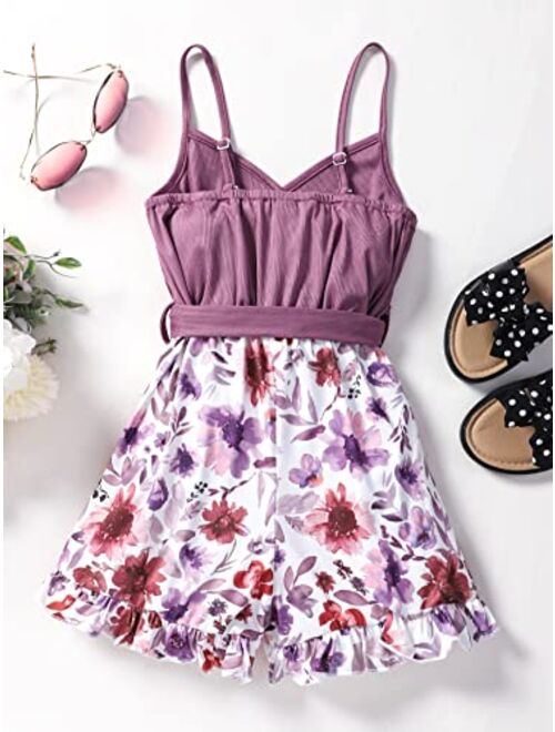 SOLY HUX Girl's Floral Print V Neck Belted Cami Romper Ruffle Trim Wide Leg Shorts Jumpsuit