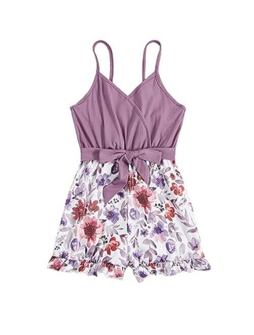 SOLY HUX Girl's Floral Print V Neck Belted Cami Romper Ruffle Trim Wide Leg Shorts Jumpsuit