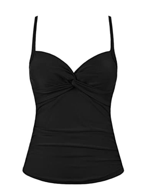 Firpearl Tankini Tops for Women Front Twist Bathing Suit Top Ruched Tummy Control Swimsuit Tops