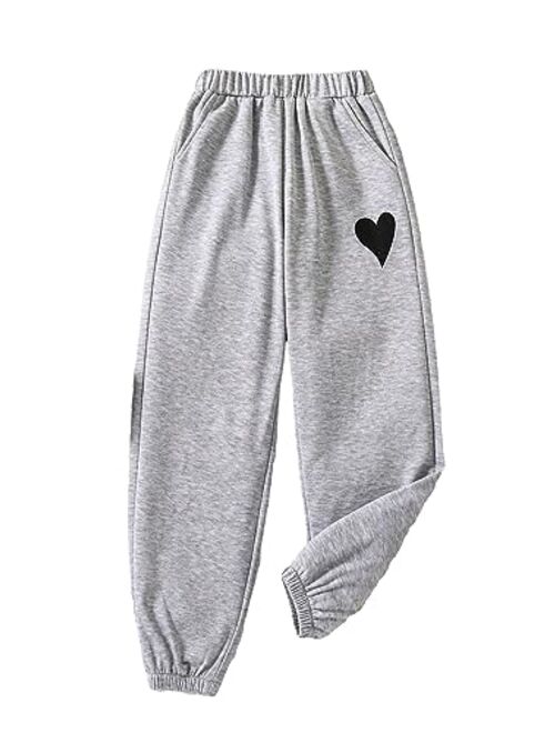 SOLY HUX Girl's Heart Print Sweatpants Elastic High Waisted Joggers Pants with Pockets