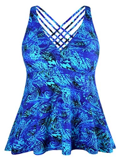 Firpearl Women's Tankini Swimsuits Cross Back Flowy Swim Tops Modest Swimwear