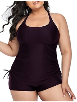 Plus Size Strappy Bathing Suits for Women Athletic Two Piece Swimsuit Modest Tankini Top with Shorts