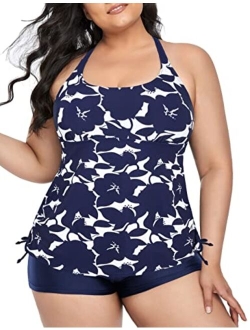 Plus Size Strappy Bathing Suits for Women Athletic Two Piece Swimsuit Modest Tankini Top with Shorts