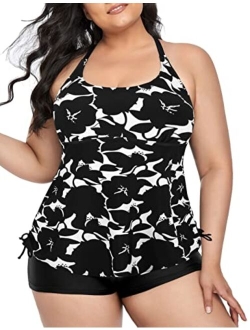 Plus Size Strappy Bathing Suits for Women Athletic Two Piece Swimsuit Modest Tankini Top with Shorts