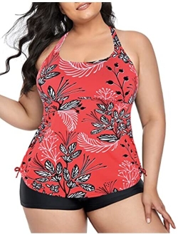 Plus Size Strappy Bathing Suits for Women Athletic Two Piece Swimsuit Modest Tankini Top with Shorts