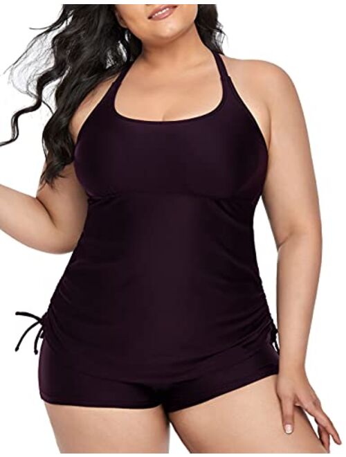 Firpearl Plus Size Strappy Bathing Suits for Women Athletic Two Piece Swimsuit Modest Tankini Top with Shorts