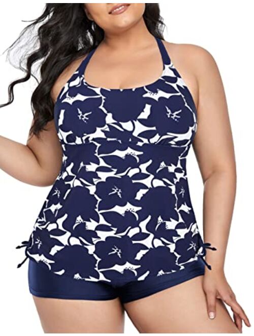 Firpearl Plus Size Strappy Bathing Suits for Women Athletic Two Piece Swimsuit Modest Tankini Top with Shorts