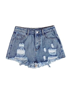 Girl's Ripped Raw Hem Denim Shorts High Waisted Straight Leg Summer Jeans Shorts