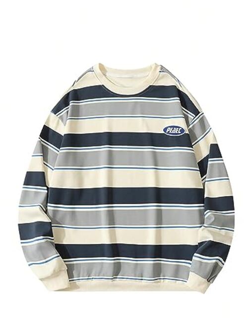 SOLY HUX Men's Striped Sweatshirt Letter Patched Long Sleeve Drop Shoulder Pullover Tops