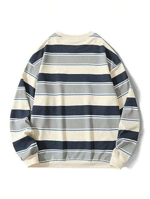 SOLY HUX Men's Striped Sweatshirt Letter Patched Long Sleeve Drop Shoulder Pullover Tops