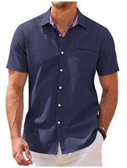 Men's Short Sleeve Oxford Dress Shirt Chambray Button Down Work Shirt Casual Plaid Collar Shirts