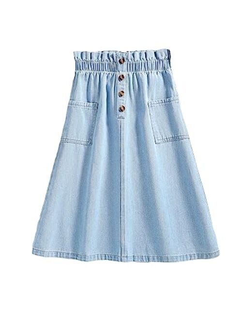 SOLY HUX Girl's Button Front Denim A Line Midi Skirt High Elastic Waist Swing Skirts with Pockets