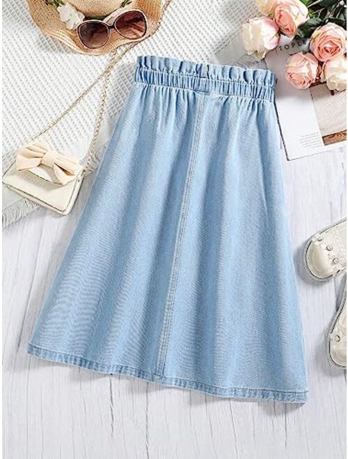 SOLY HUX Girl's Button Front Denim A Line Midi Skirt High Elastic Waist Swing Skirts with Pockets