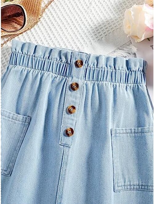 SOLY HUX Girl's Button Front Denim A Line Midi Skirt High Elastic Waist Swing Skirts with Pockets