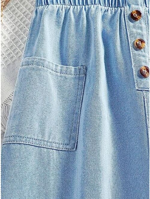 SOLY HUX Girl's Button Front Denim A Line Midi Skirt High Elastic Waist Swing Skirts with Pockets