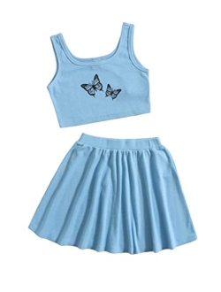 Girl's Butterfly Print Sleeveless Tank Top and Skirt Set 2 Piece Outfits