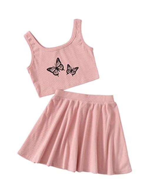 SOLY HUX Girl's Butterfly Print Sleeveless Tank Top and Skirt Set 2 Piece Outfits