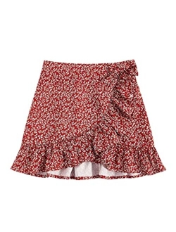 Girl's Boho Print High Waist Ruffle Hem Wrap Side Mini Skirt