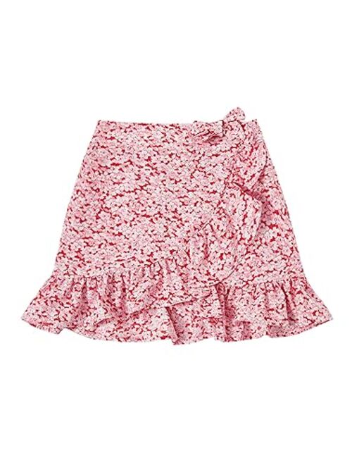 SOLY HUX Girl's Boho Print High Waist Ruffle Hem Wrap Side Mini Skirt