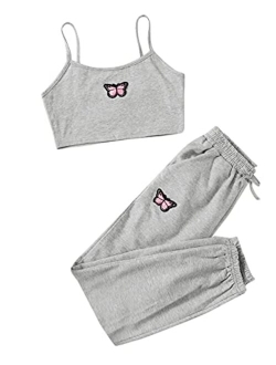 Girl's 2 Piece Outfits Butterfly Cami Crop Tops and Sweatpants Set