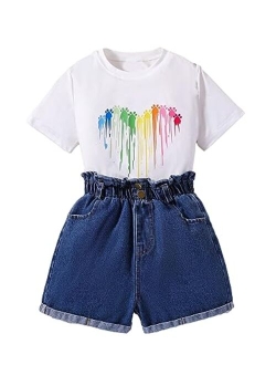 Girl's Heart Print Short Sleeve T Shirt with Denim Shorts 2 Piece Summer Outfit