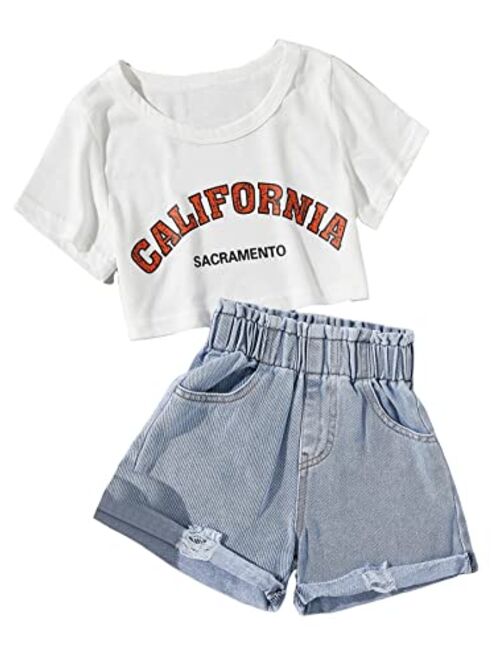 SOLY HUX Toddler Girl's 2 Piece Summer Outfits Letter Print Short Sleeve Tee and Denim Shorts Set